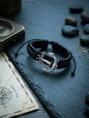 Hand Crafted Black Leather Bracelet with Silver Anchor